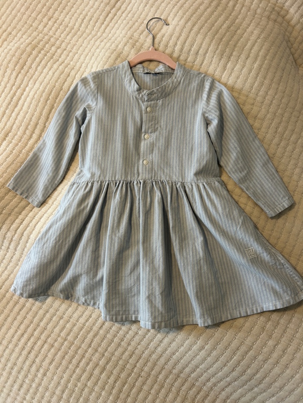 Girls' Long-Sleeve Blue Striped Cotton Dress